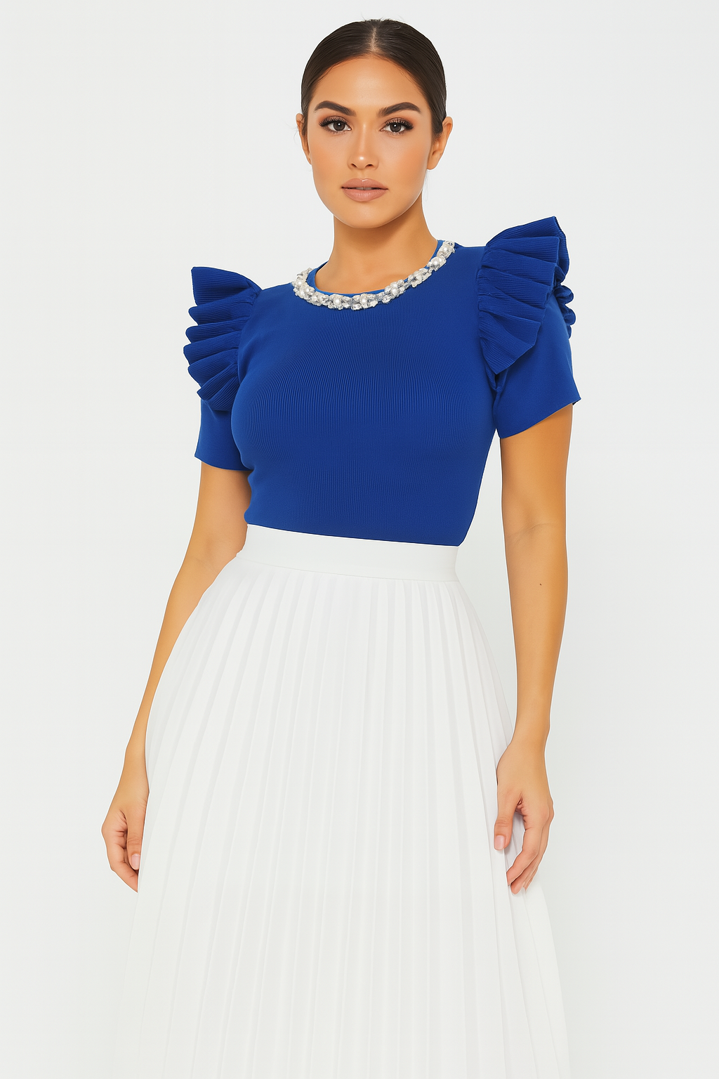 Frill Cup Sleeve Embellished Knitted Viscose Blend Bodysuit