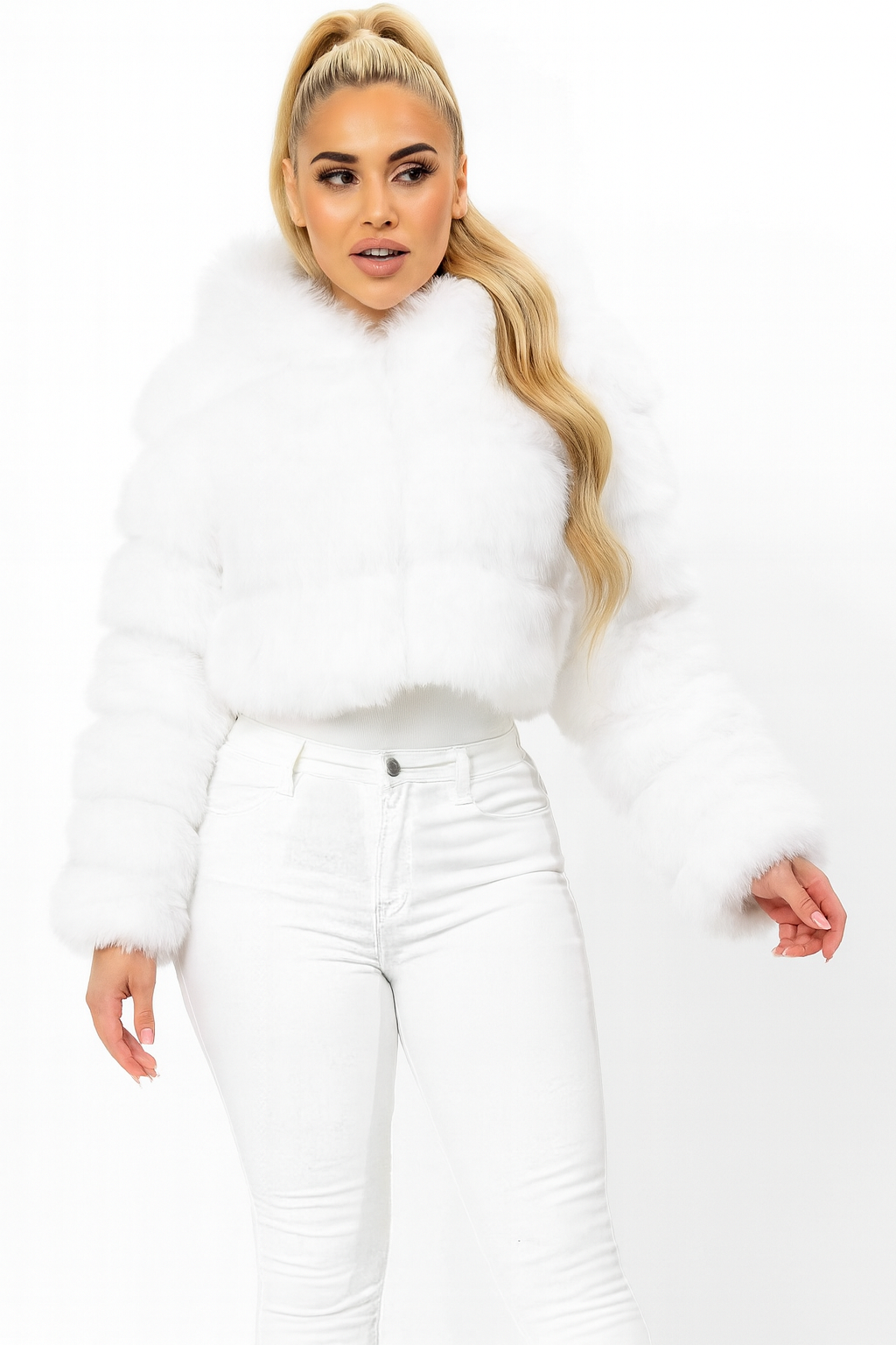 Faux Fur and Vegan Leather Stripes Hooded Cropped Jacket