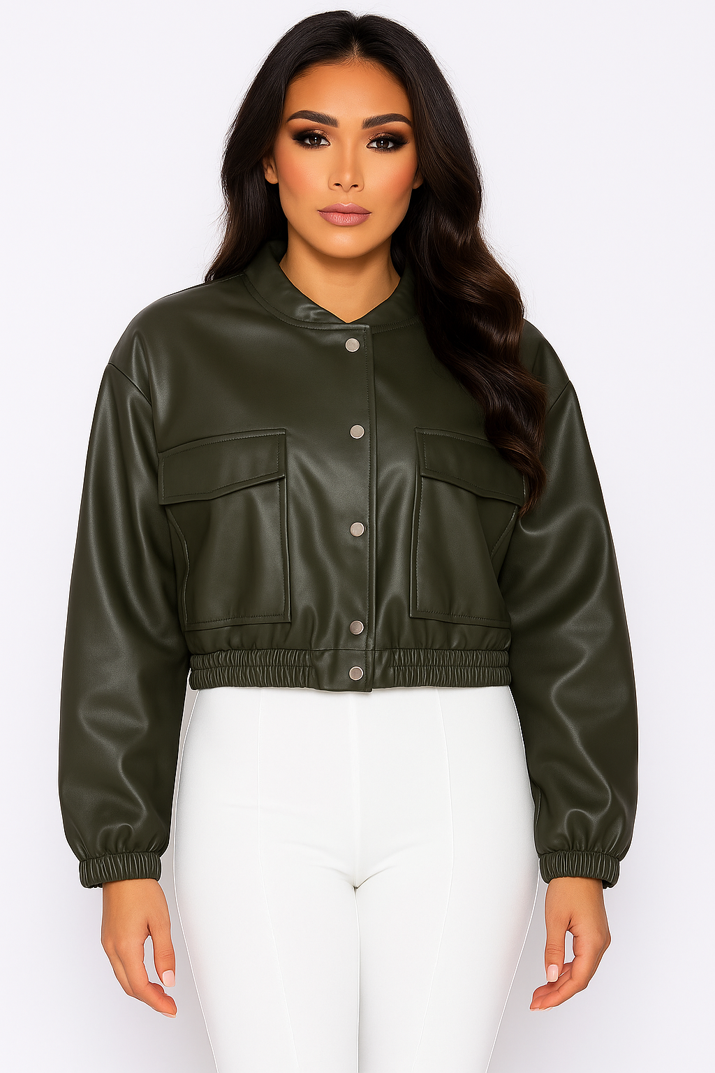 Faux Leather Large Cargo Pocket Bomber Jacket
