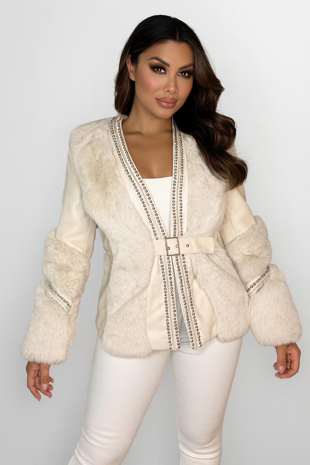 Vegan Leather With Fur Trim Luxurious Beaded Detail Open Belted Jacket