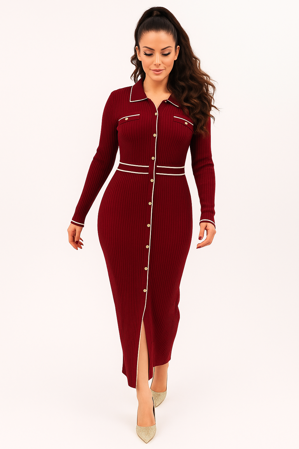 Contrast Panel Button Detail Ribbed Viscose Blend Knitted Extra Long Dress