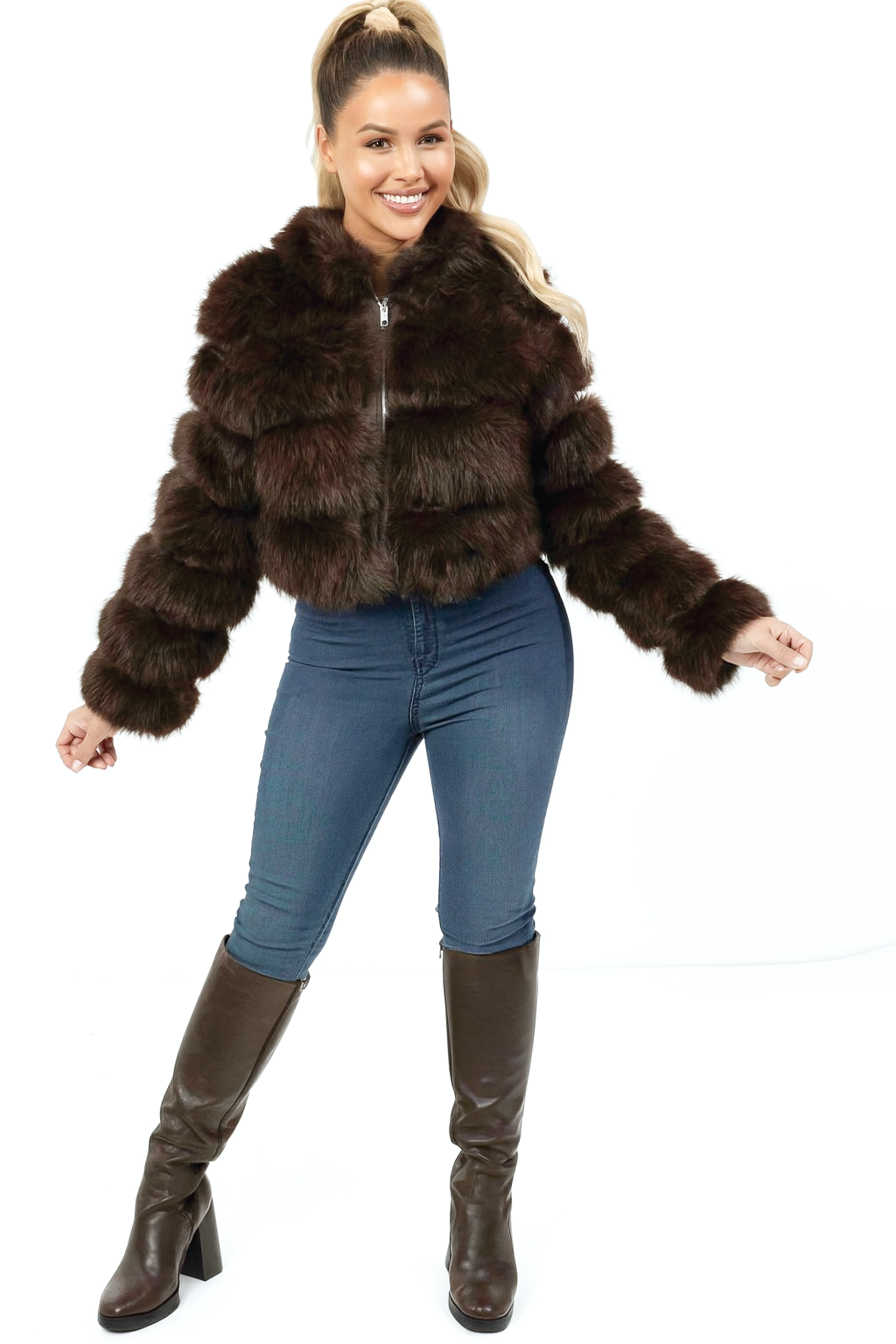 Faux Fur and Vegan Leather Stripes Hooded Cropped Jacket