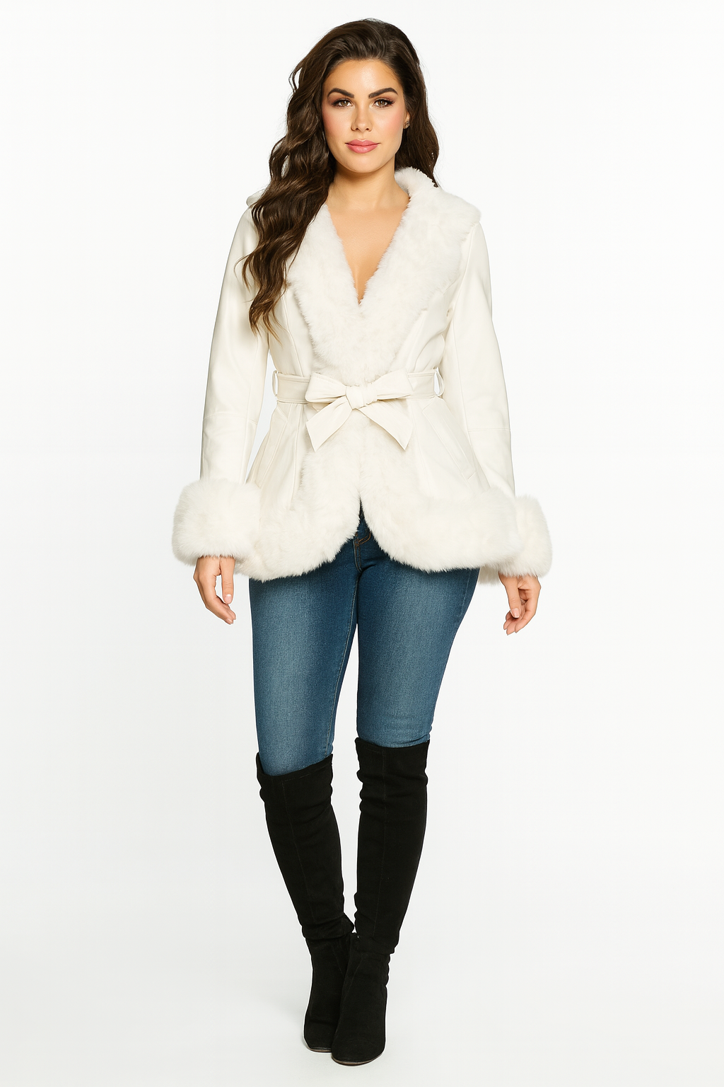 Faux Fur Trim And Lining Leather Look Tie Belt Elegant Hooded Peplum Winter Jacket