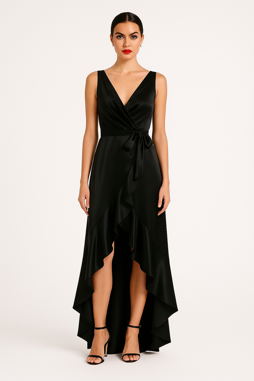 Sleeveless Wrap Style Satin High Low Dress