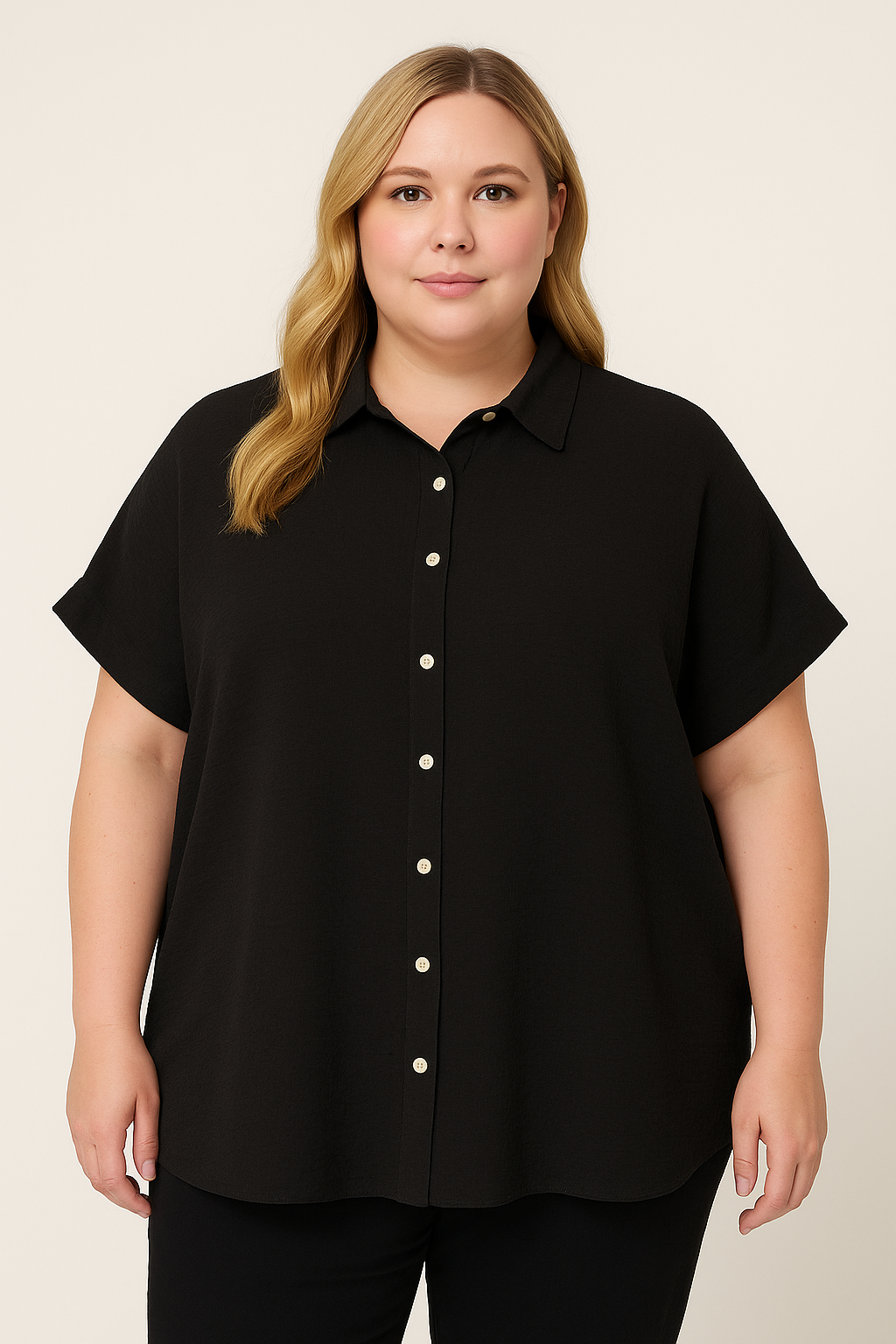 Textured Crepe 3/4 Longline Black Blouse