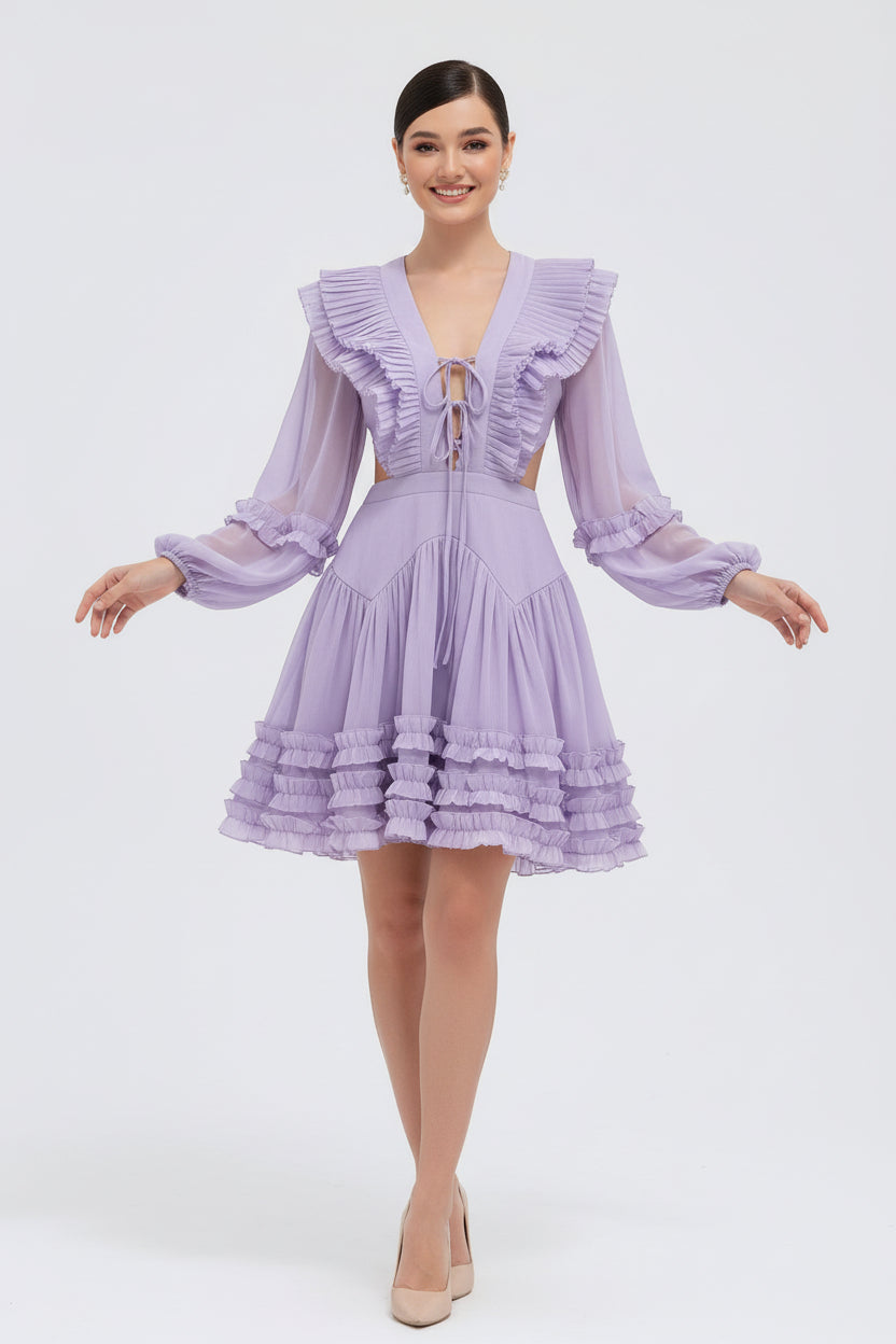 Cut Out Side Deep V-Cut Tie Up Detail Skater Dress