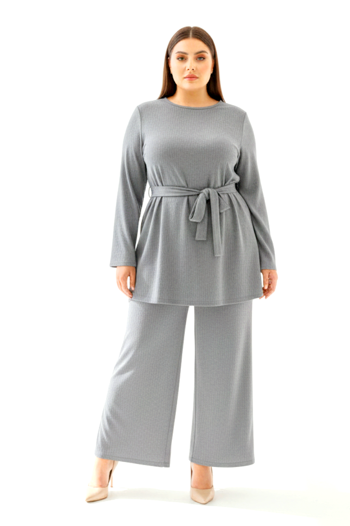 Belted Longline Tunic And Wide Leg Textured Coord Set