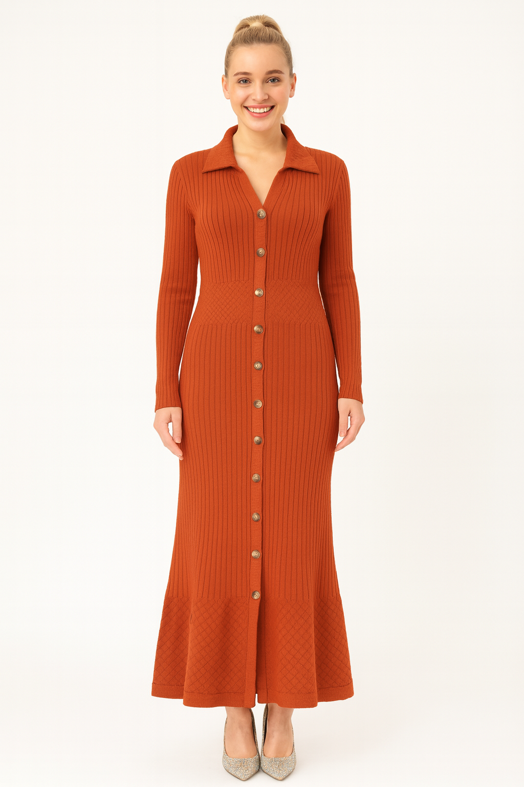 Perforated Waist Panel Button Detail Viscose Blend Extra Long Knitted Dress