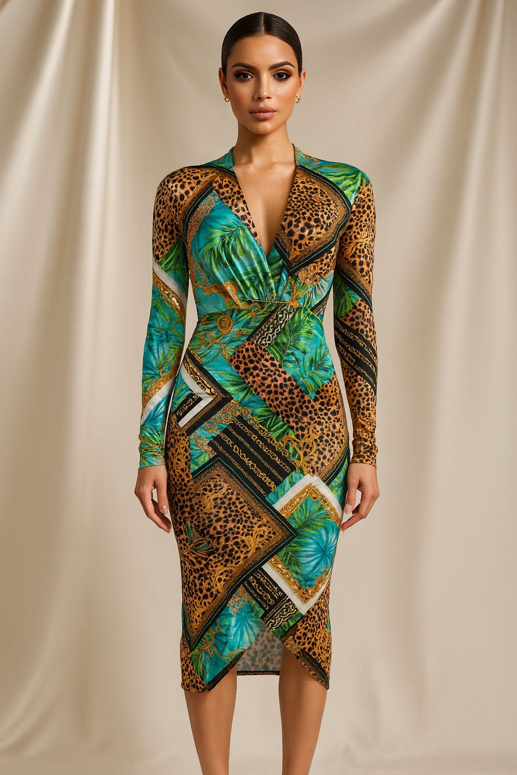 Baroque Print Low Cut Neck Wrap Style Midi Dress