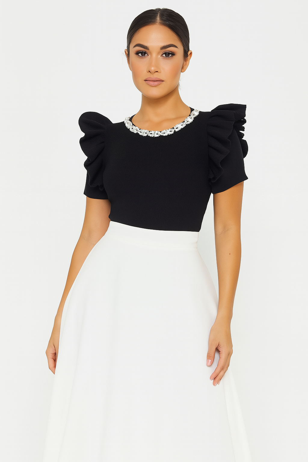 Frill Cup Sleeve Embellished Knitted Viscose Blend Bodysuit