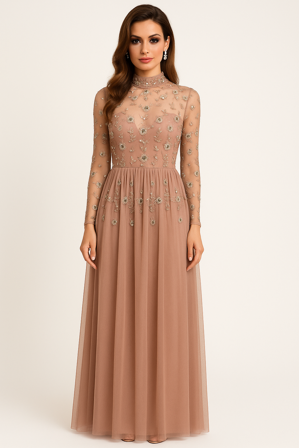 Embellished High Neck Cut Out Back Extra Long Evening Dress