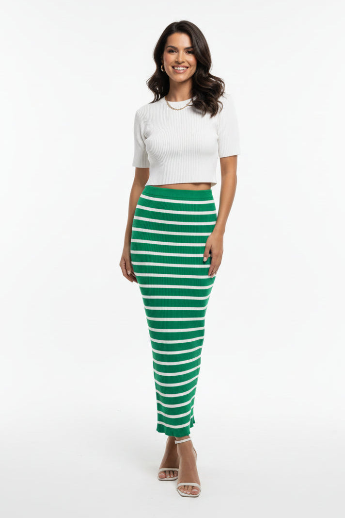 Stripy Viscose Blend Ribbed Knit Maxi Skirt