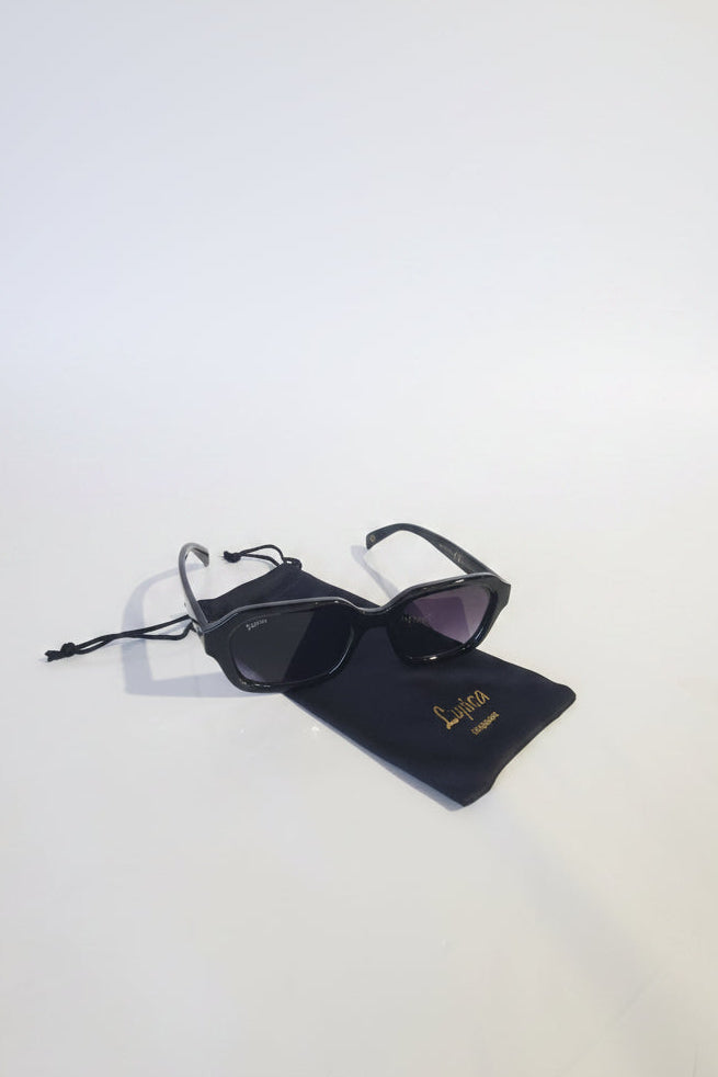 Black sunglasses with a case on a white background