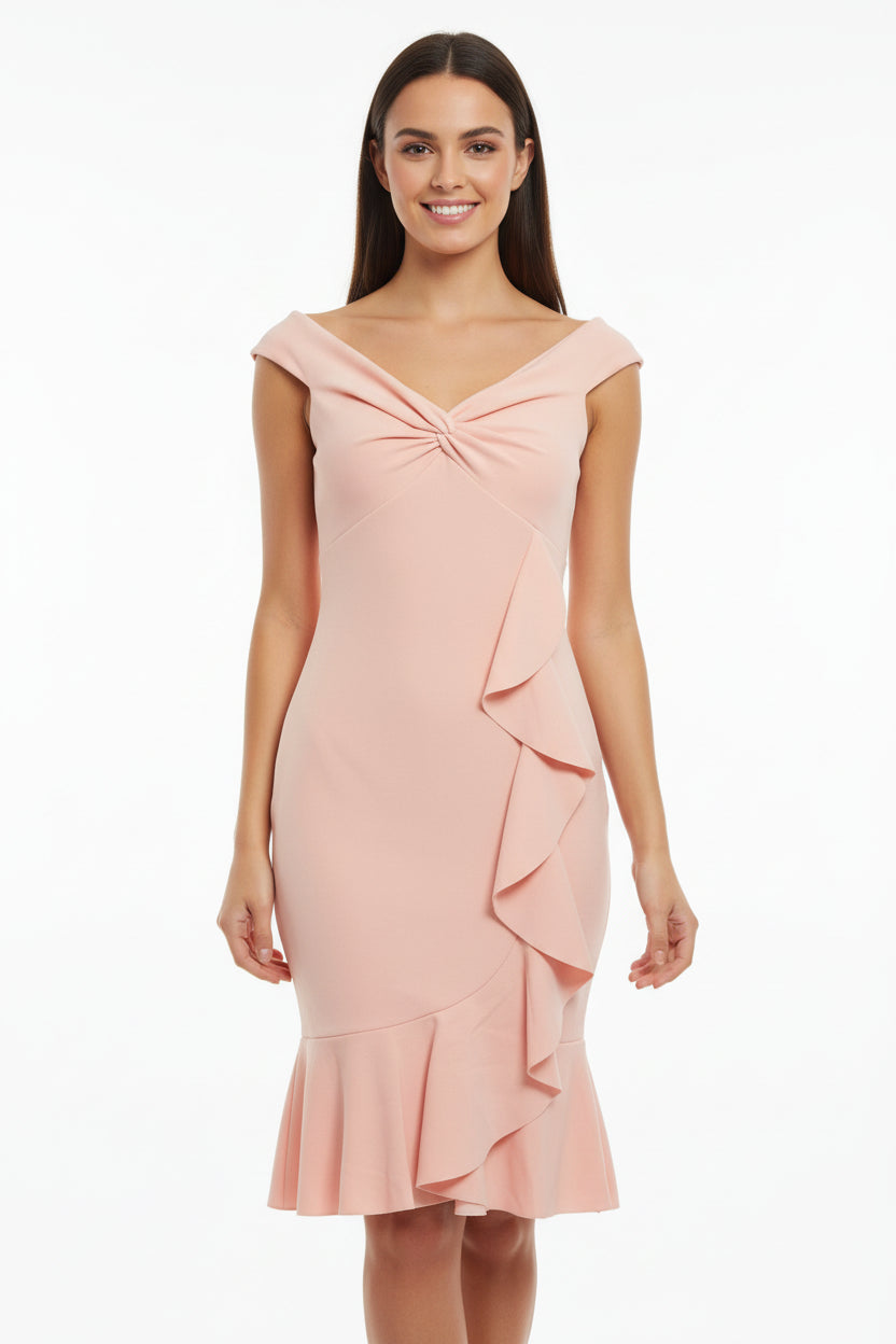 Off Shoulder Frill Midi Bodycon Dress