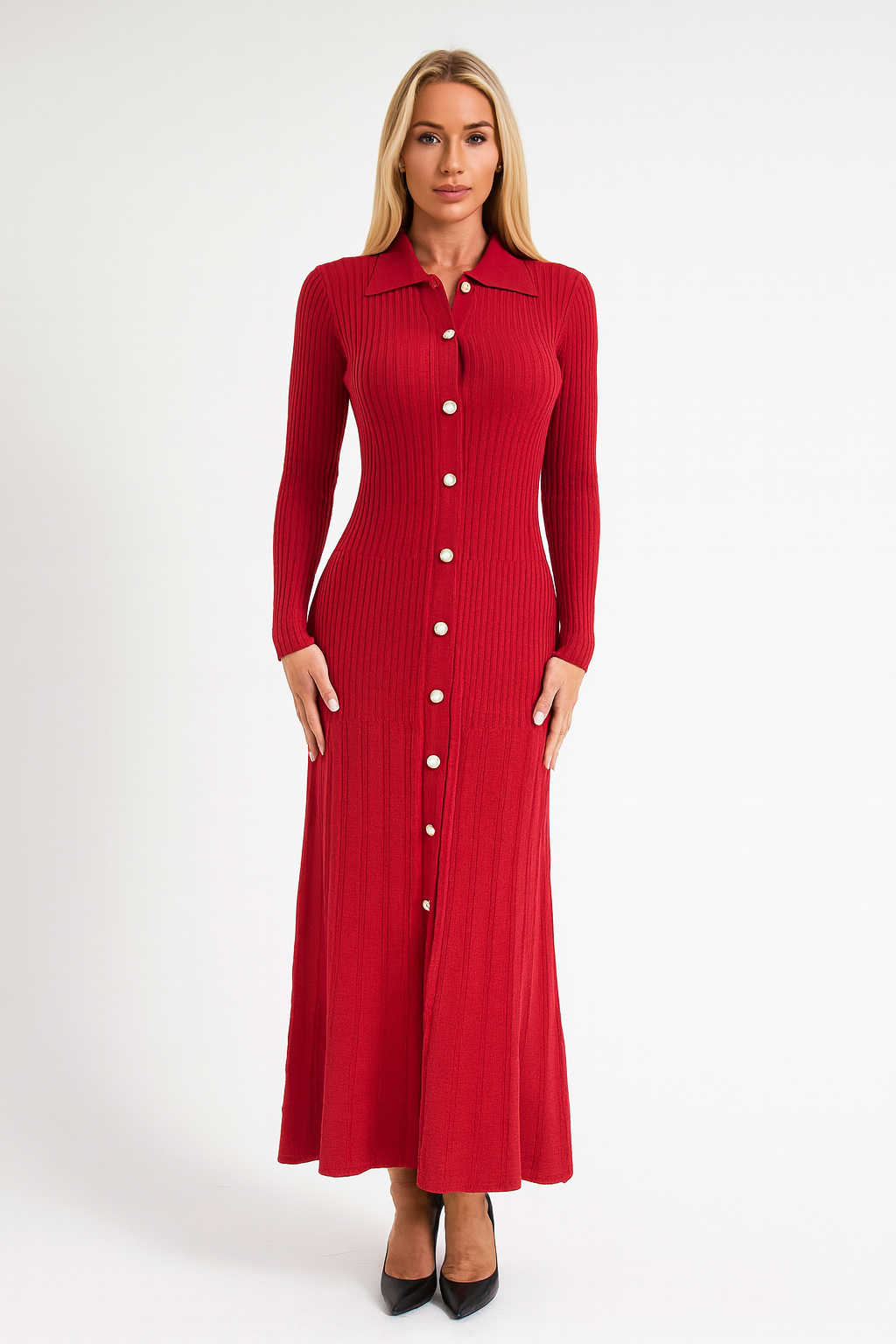 Ribbed Viscose Blend Button Detail Extra Long A-Line Knitted Dress