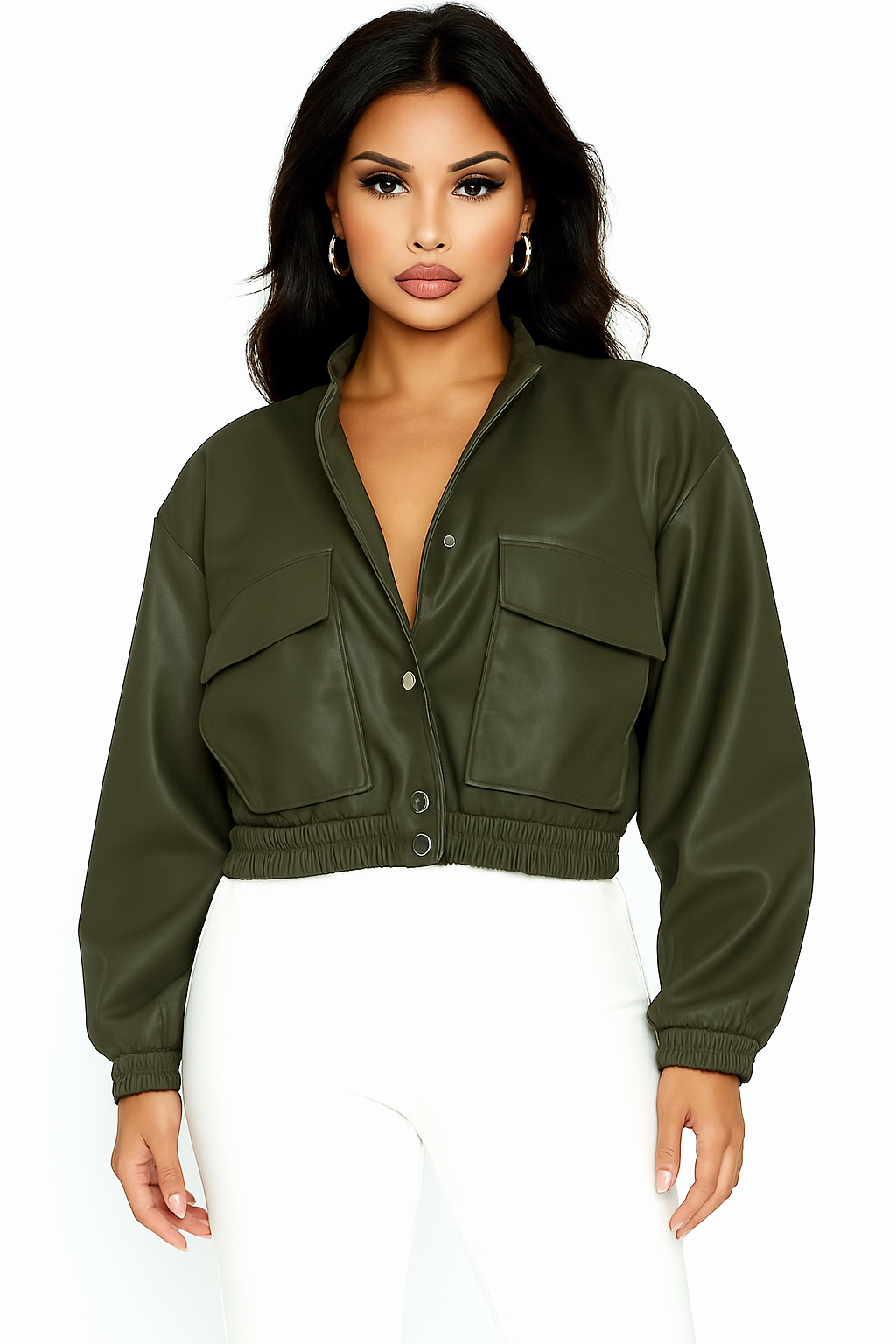 Faux Leather Large Cargo Pocket Bomber Jacket