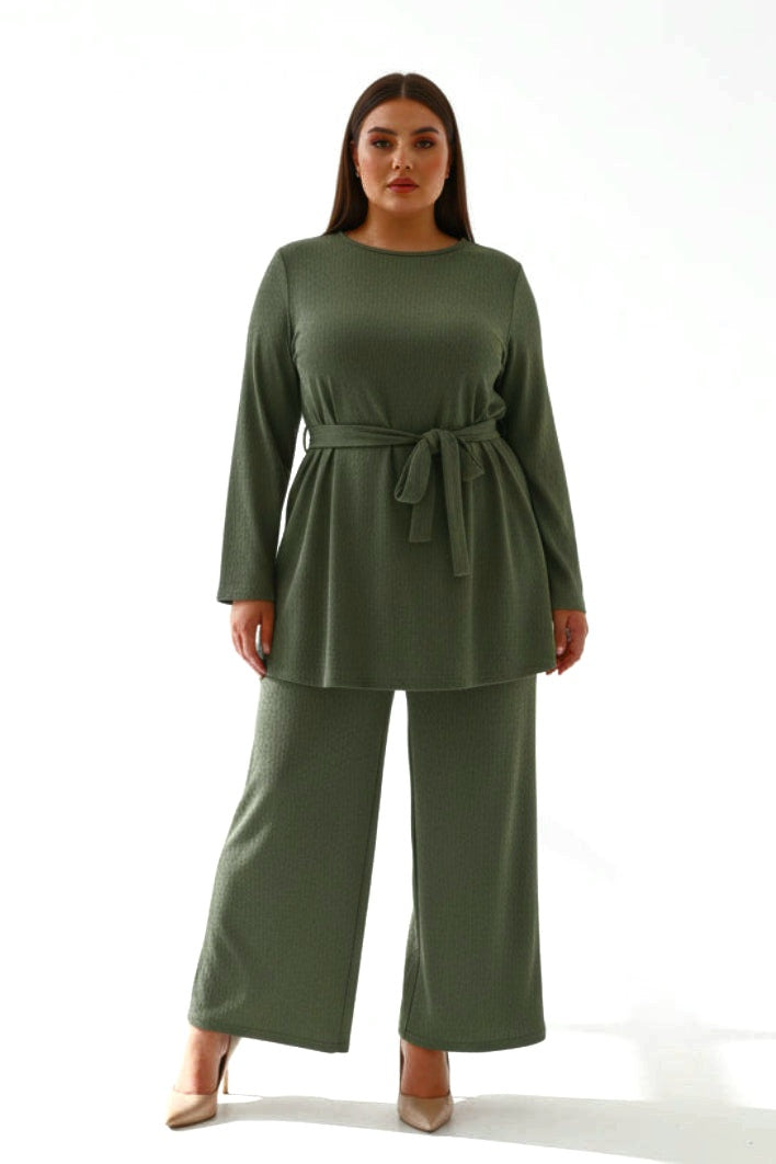 Belted Longline Tunic And Wide Leg Textured Coord Set