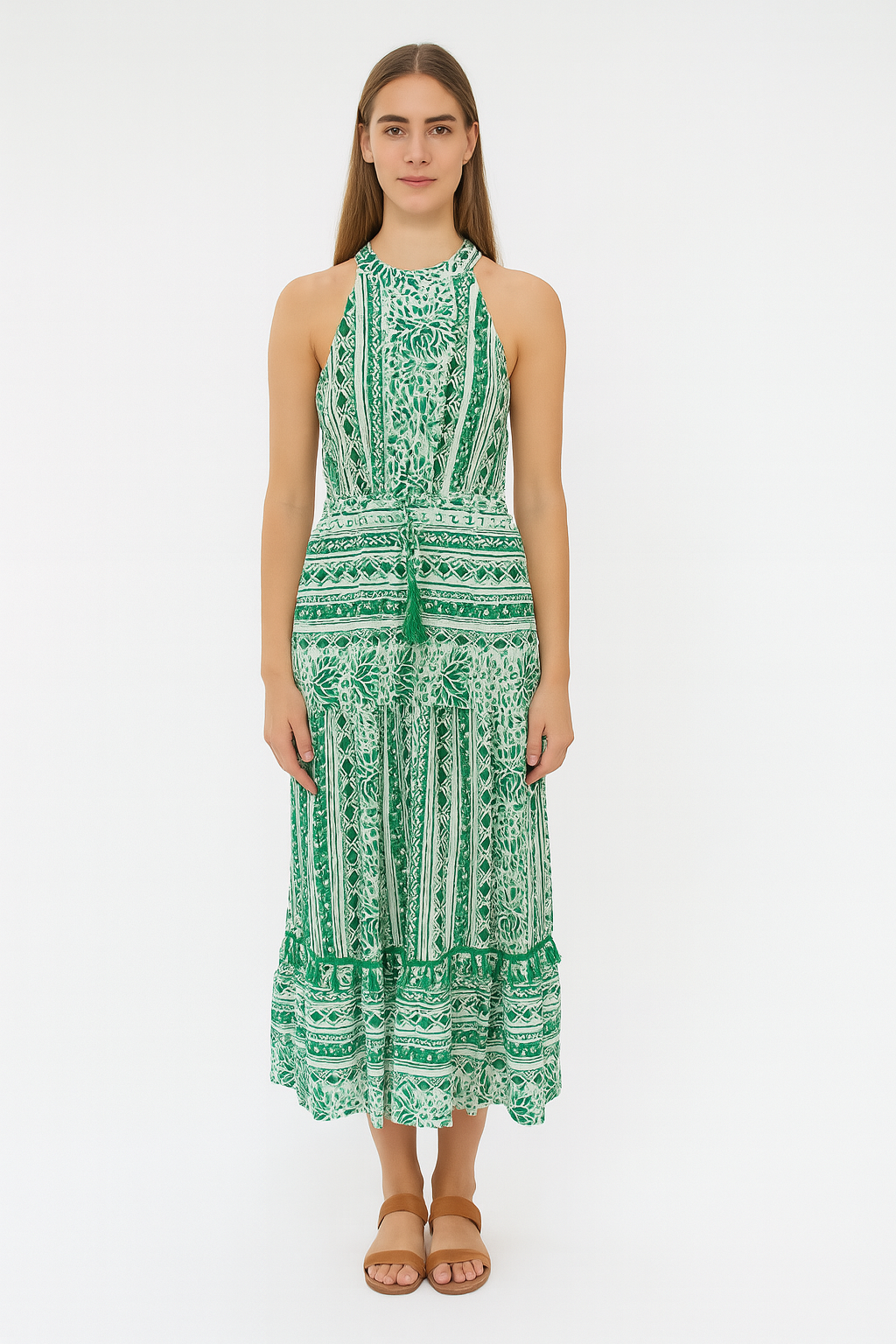 Halterneck Bohemian Floral Geometric Print Tie Up Layered Viscose Maxi Dress