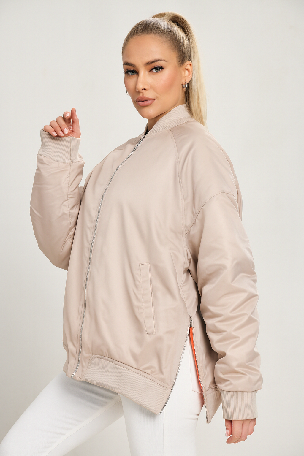 Side Zip Detail Relaxed Fit Bomber Jacket
