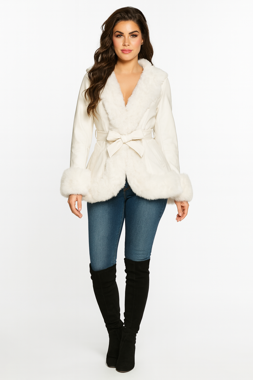 Faux Fur Trim And Lining Leather Look Tie Belt Elegant Hooded Peplum Winter Jacket