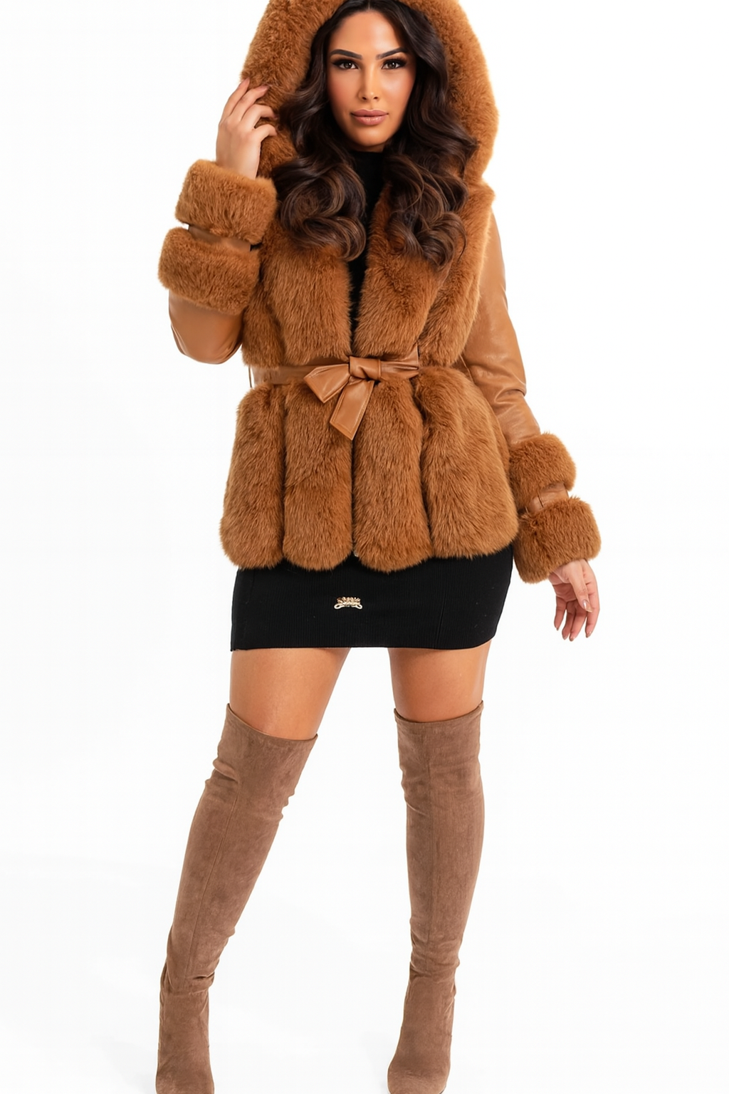 Faux Fur Trim And Vegan Leather Hooded Belted Fleeced Lining Jacket