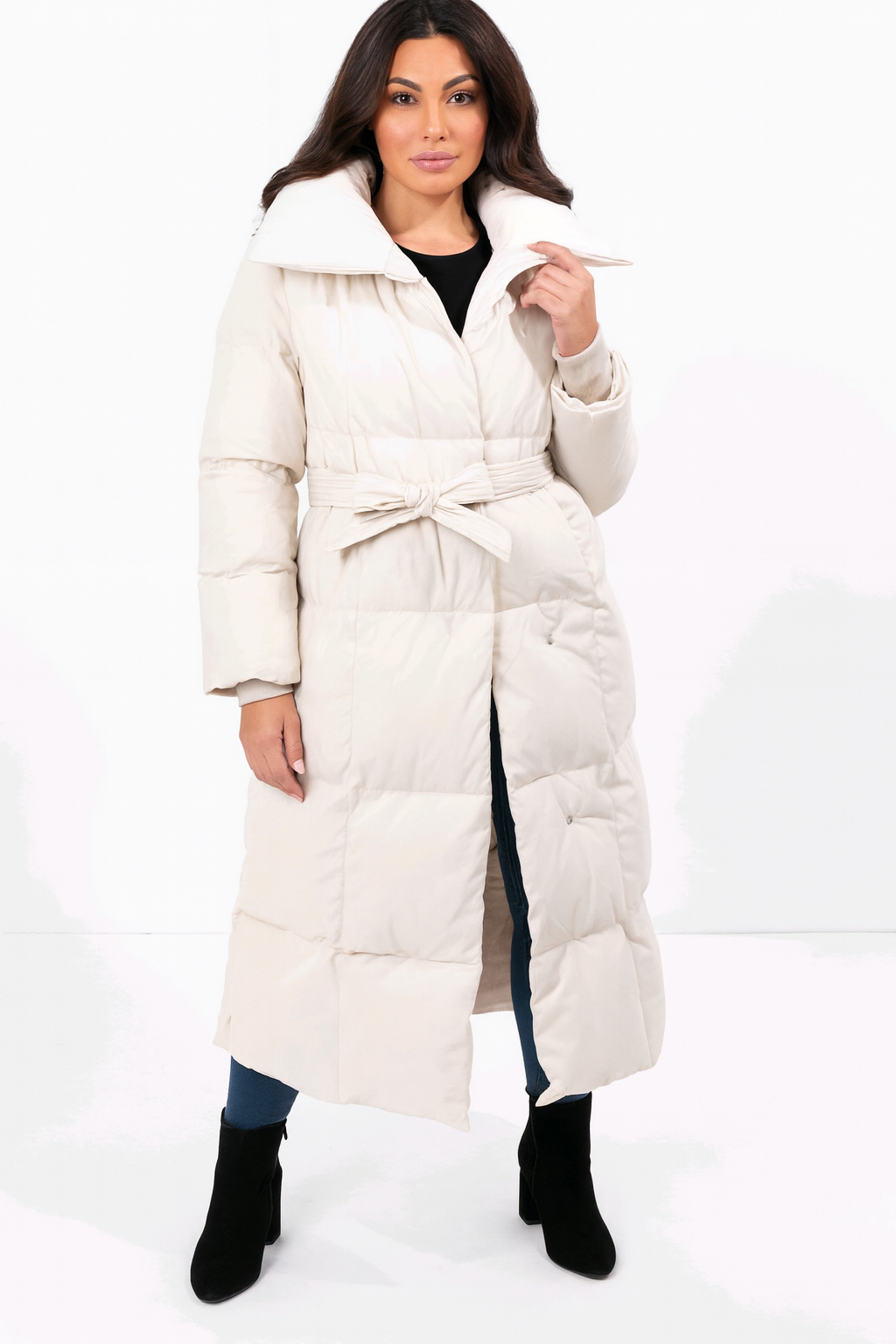 Wholesale Women's High Neck Quilted Tie Belt Relaxed Fit Long Winter Jacket (PACK OF 6)