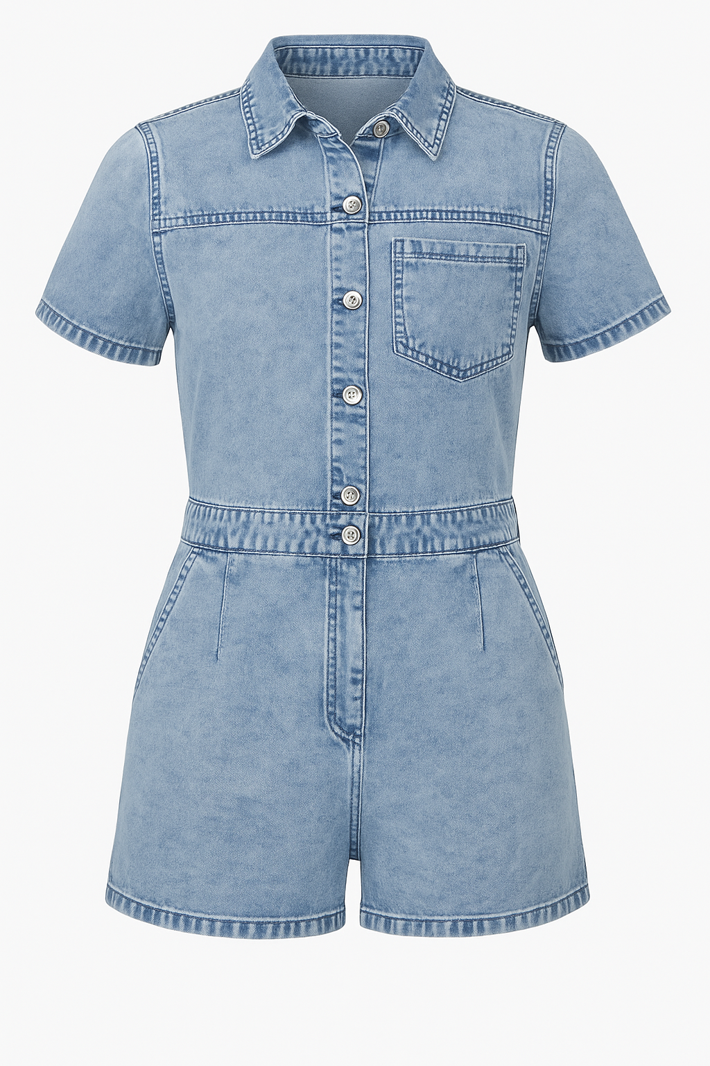 Acid Blue Front Button Short Sleeve Denim Playsuit