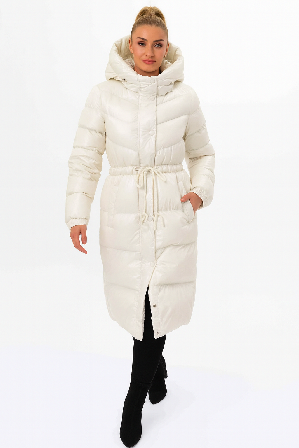 High Sheen Padded Drawstring Waist Hooded Puffer Coat