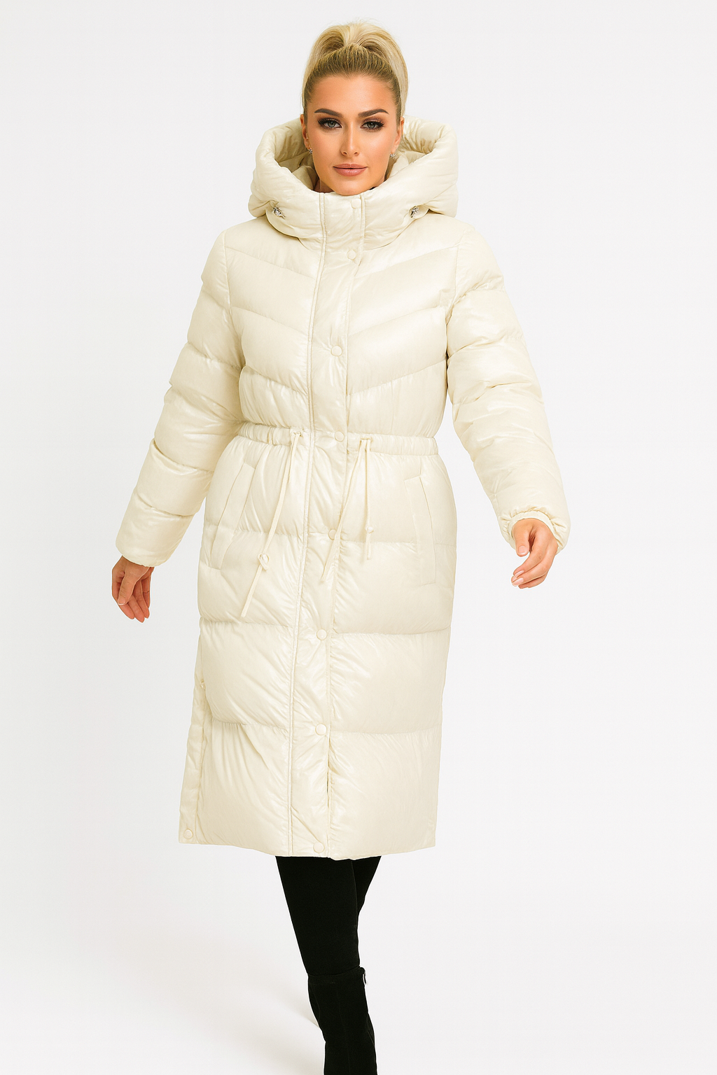 High Sheen Padded Drawstring Waist Hooded Puffer Coat