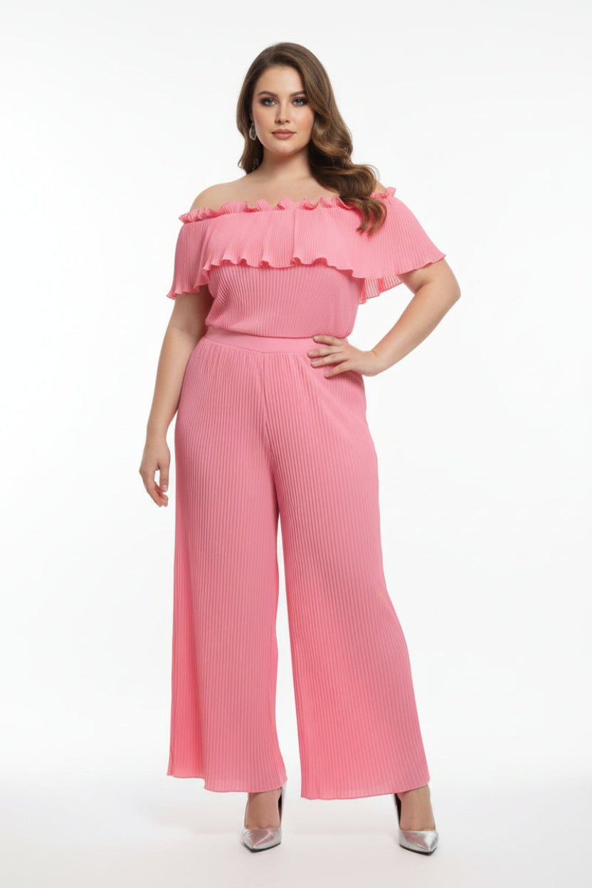 Plus Size Off Shoulder Top And Wide Leg Trousers Pleated Chiffon Coord Set