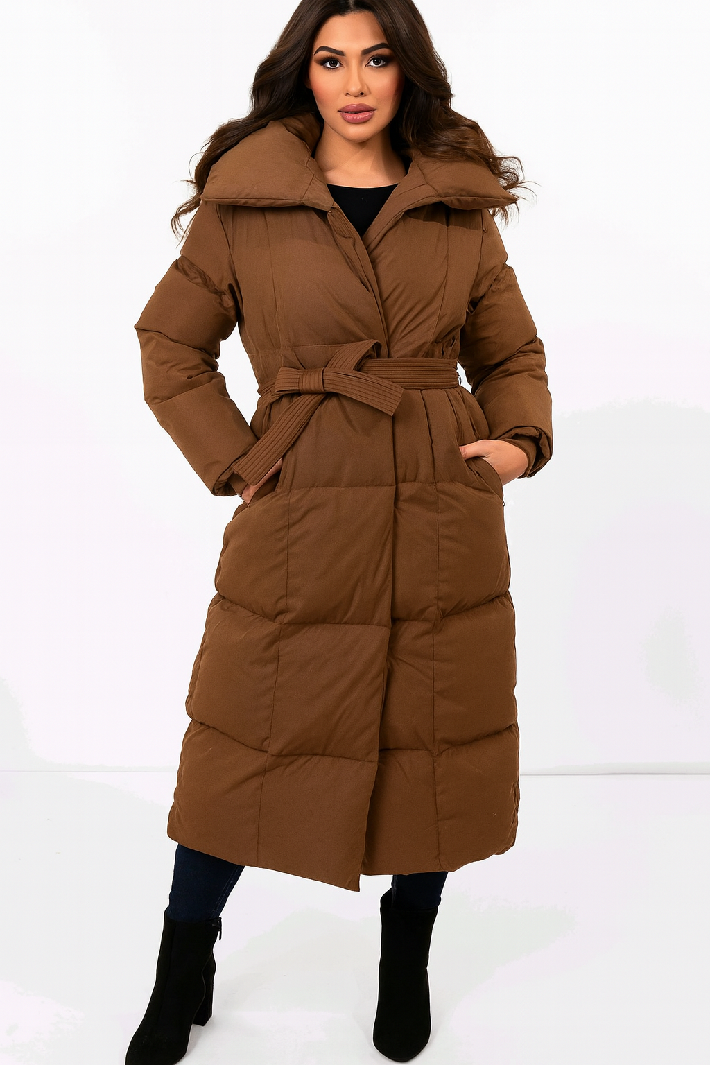 High Neck Quilted Tie Belt Relaxed Fit Long Winter Jacket