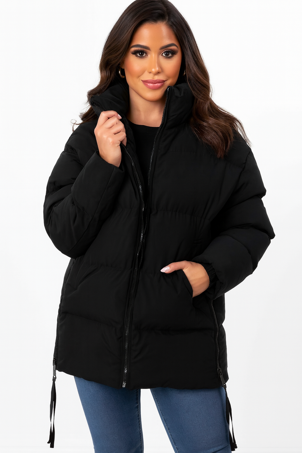 High Neck Collar Zip Relaxed Fit Winter Jacket