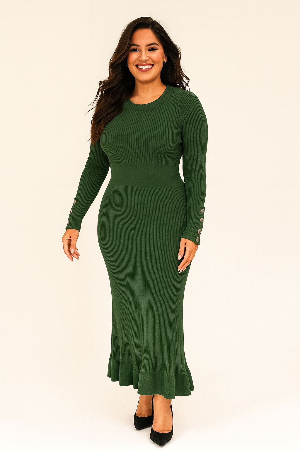 Button Sleeve Ribbed Viscose Blend Extra Long Knitted A-Line Dress