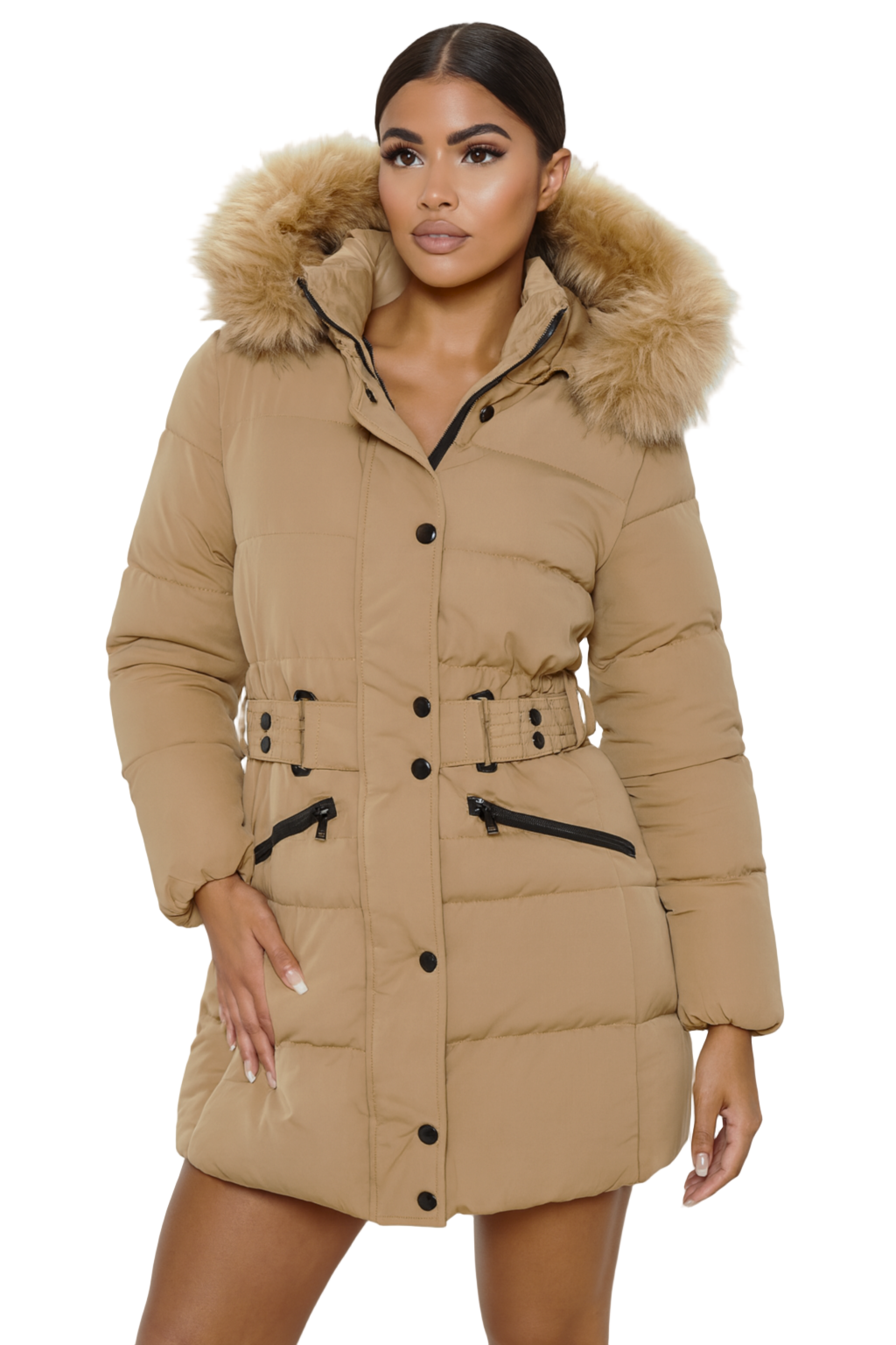 Wholesale Women's Camel Faux Fur Dark Handwear Puffer Jacket (PACK OF 6)