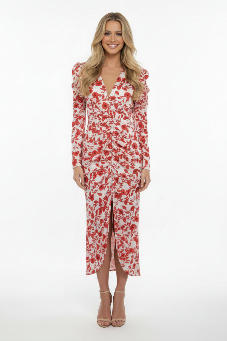Wholesale Women's Puff Long Sleeve Floral Print Ruched Slit Slinky Long Dress (PACK OF 6)