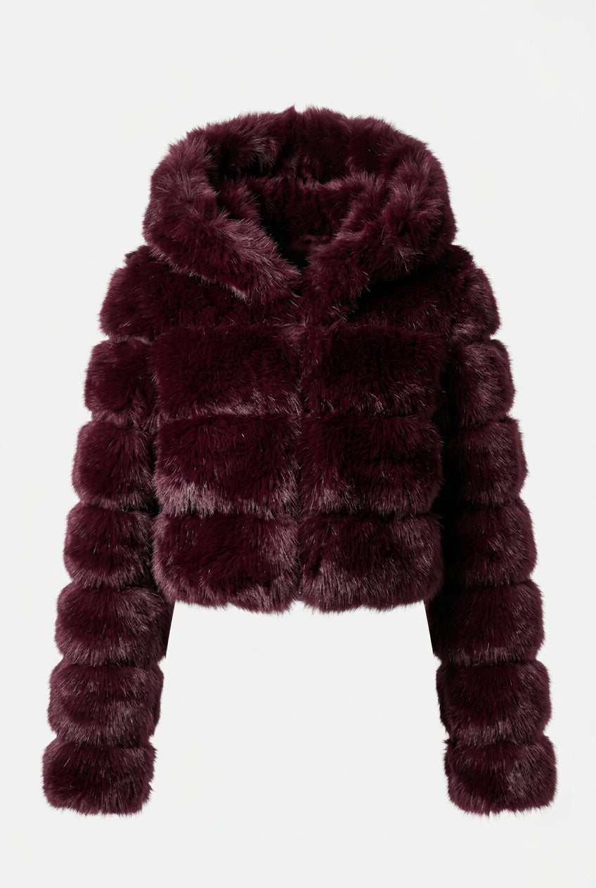 Faux Fur and Vegan Leather Stripes Hooded Cropped Jacket