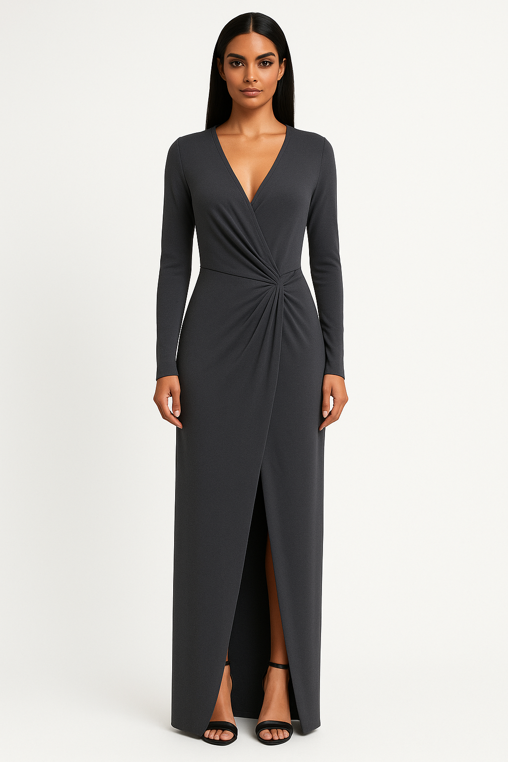 Twist Front Low Cut Neckline Tall Girl Frendly Slinky Maxi Dress