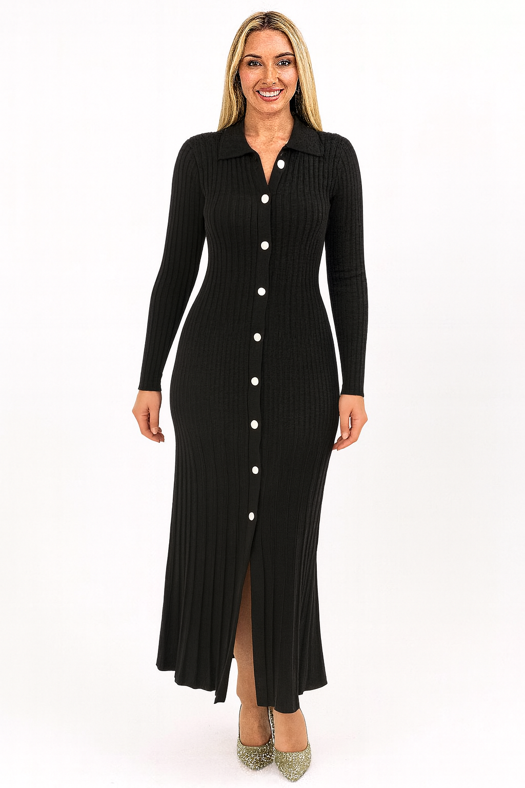 Ribbed Viscose Blend Button Detail Extra Long A-Line Knitted Dress