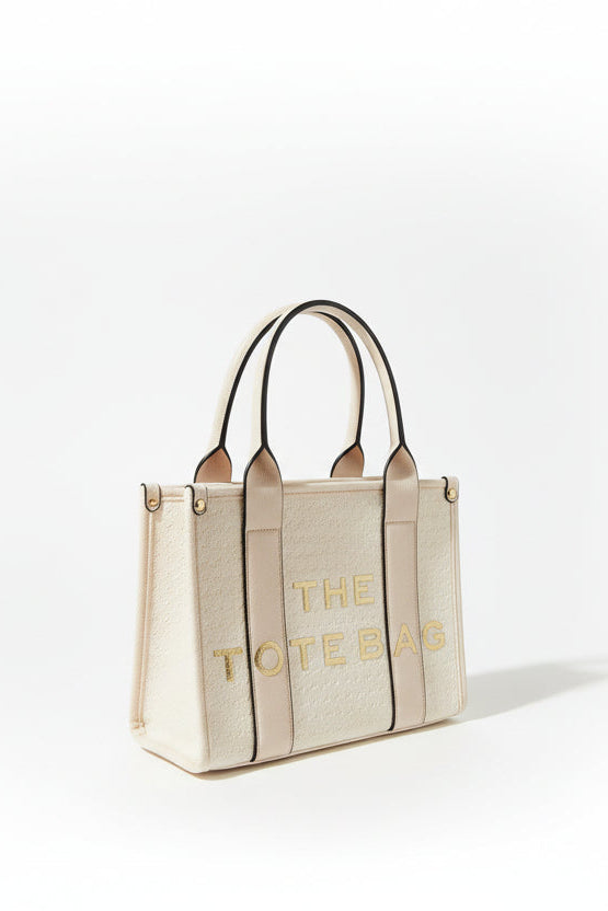 Textured Vegan Leather Adjustable Strap Medium Slogan Tote Bag