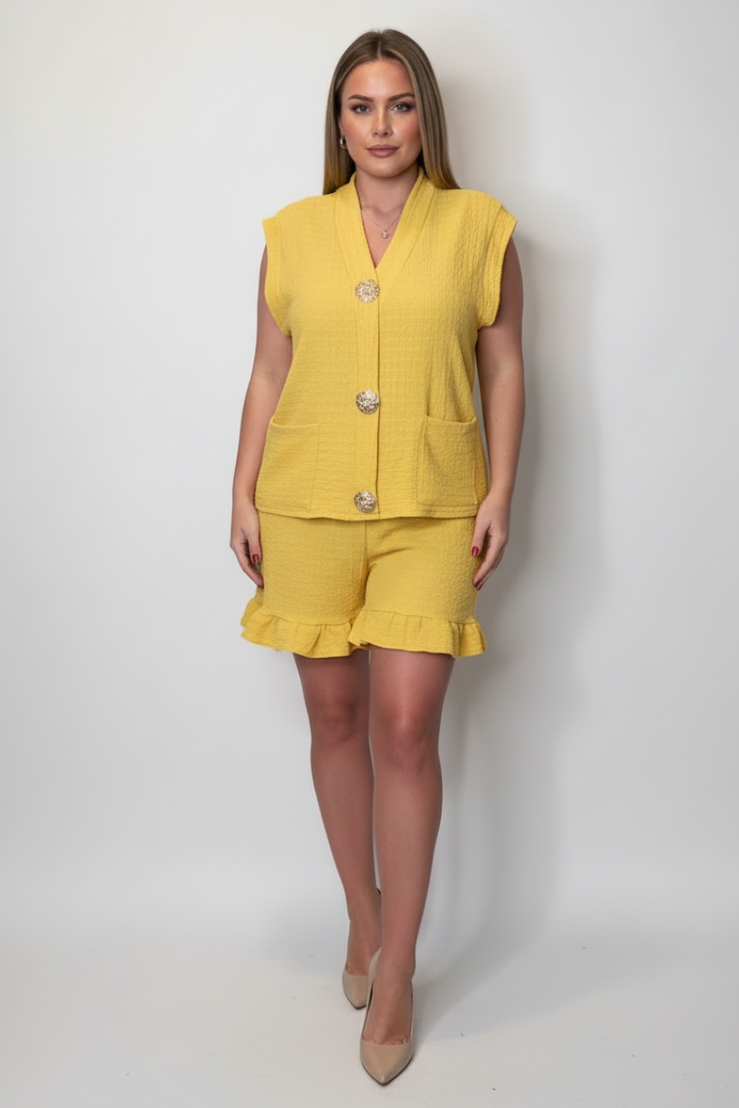 Wholesale Women's Brooch Buttons Short Sleeve Top And Shorts Textured Coord Set (PACK OF 3)