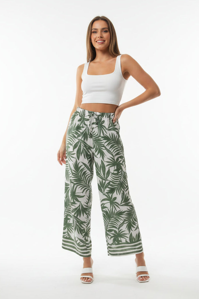 Wide Leg Palm Print Viscose Trousers