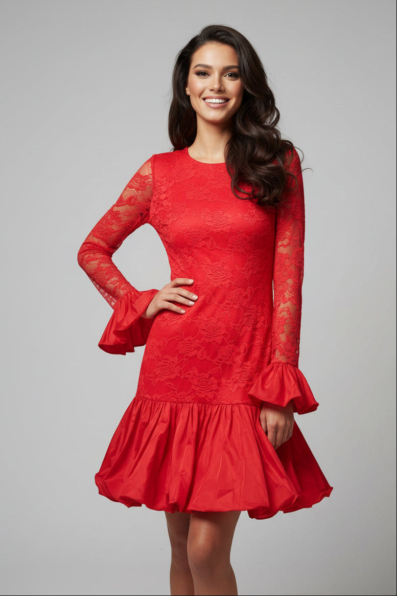 Lace Detail Long Bell Sleeve A-Line Short Dress