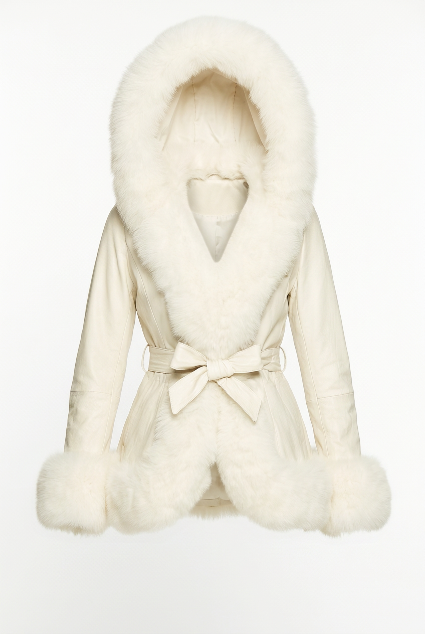Faux Fur Trim And Lining Leather Look Tie Belt Elegant Hooded Peplum Winter Jacket