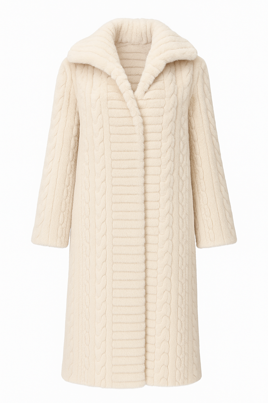 Luxurious Knee Length Cable Pattern Faux Fur Coat