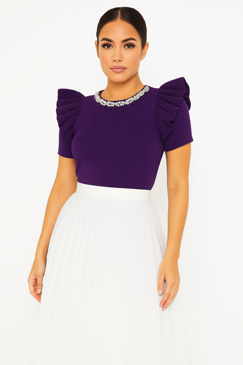 Frill Cup Sleeve Embellished Knitted Viscose Blend Bodysuit