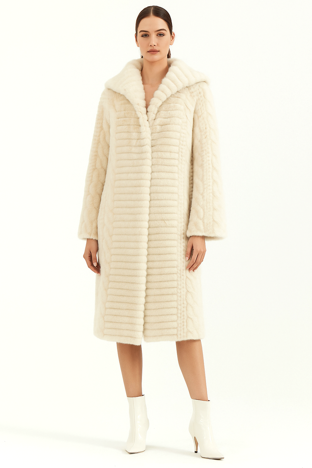 Luxurious Knee Length Cable Pattern Faux Fur Coat