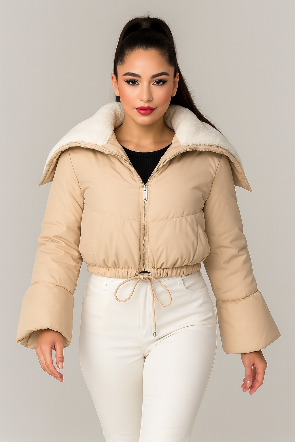 Borg Trim Bell Sleeve Cropped Spring Puffer Jacket