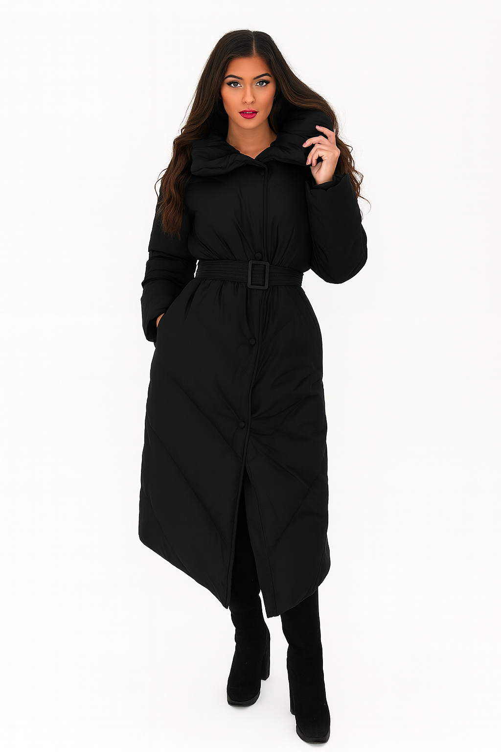 High Neck Belted Padded Long Puffer Coat