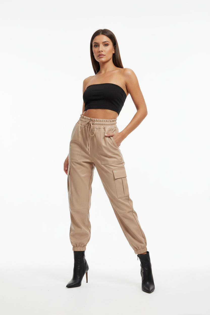 High Rise Vegan Leather Drawstring Joggers