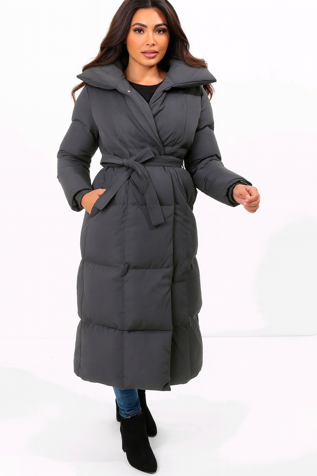 High Neck Quilted Tie Belt Relaxed Fit Long Winter Jacket